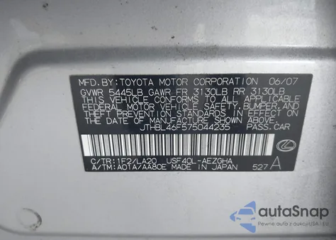2007 Lexus Ls 460 from USA, damaged, VIN JTHBL46F575044235